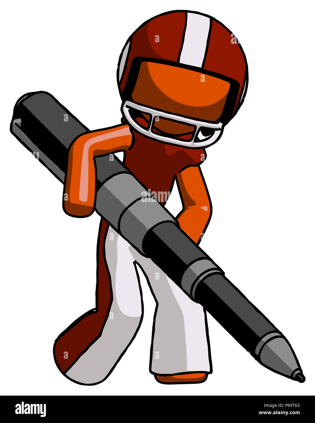 Orange Fußballspieler Mann schreiben mit einem riesigen Pen. Stockfoto