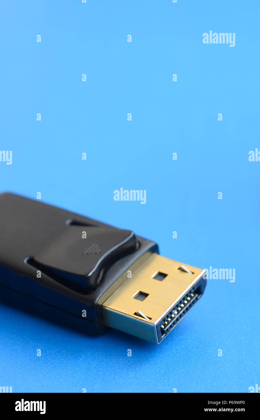 20-pin Stecker DisplayPort Steckverbinder, vergoldet für eine einwandfreie Verbindung auf einem blauen Hintergrund. Stockfoto