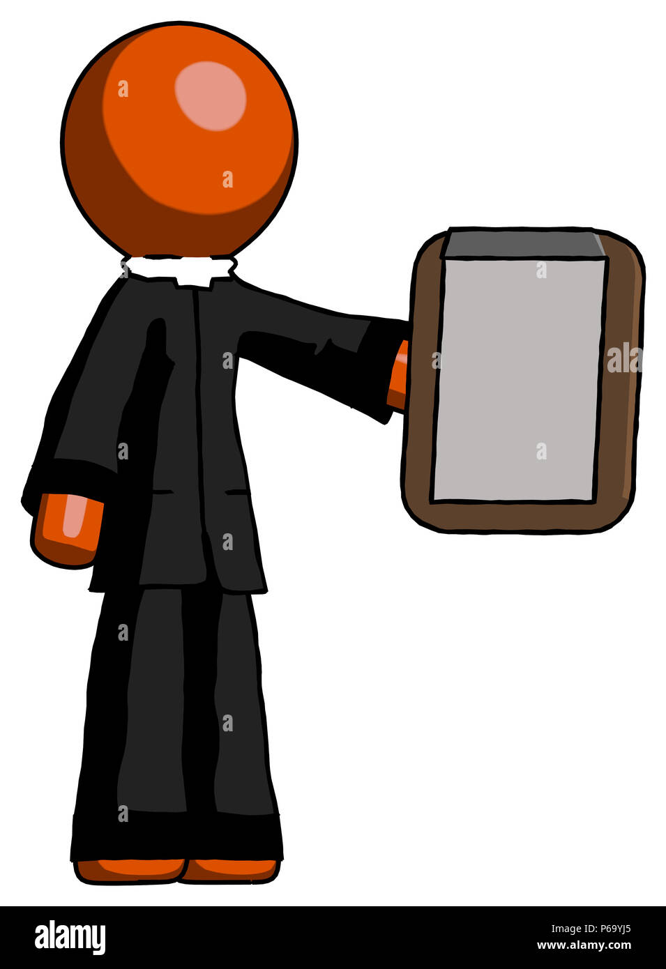 Orange Klerus Mann mit Zwischenablage Viewer. Stockfoto