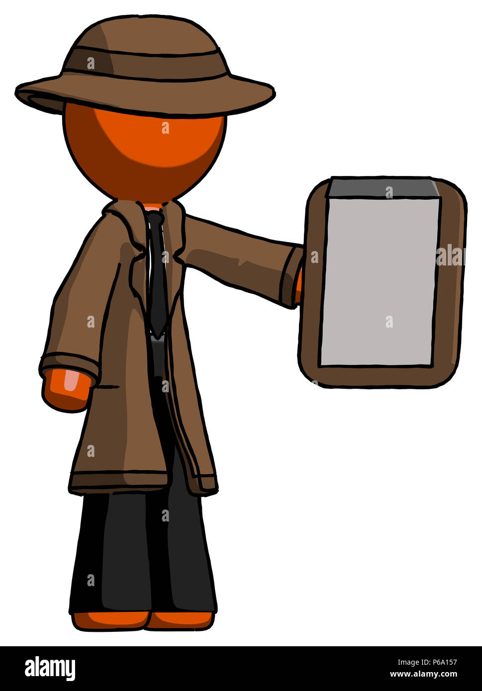 Orange Detektiv Mann mit Zwischenablage Viewer. Stockfoto