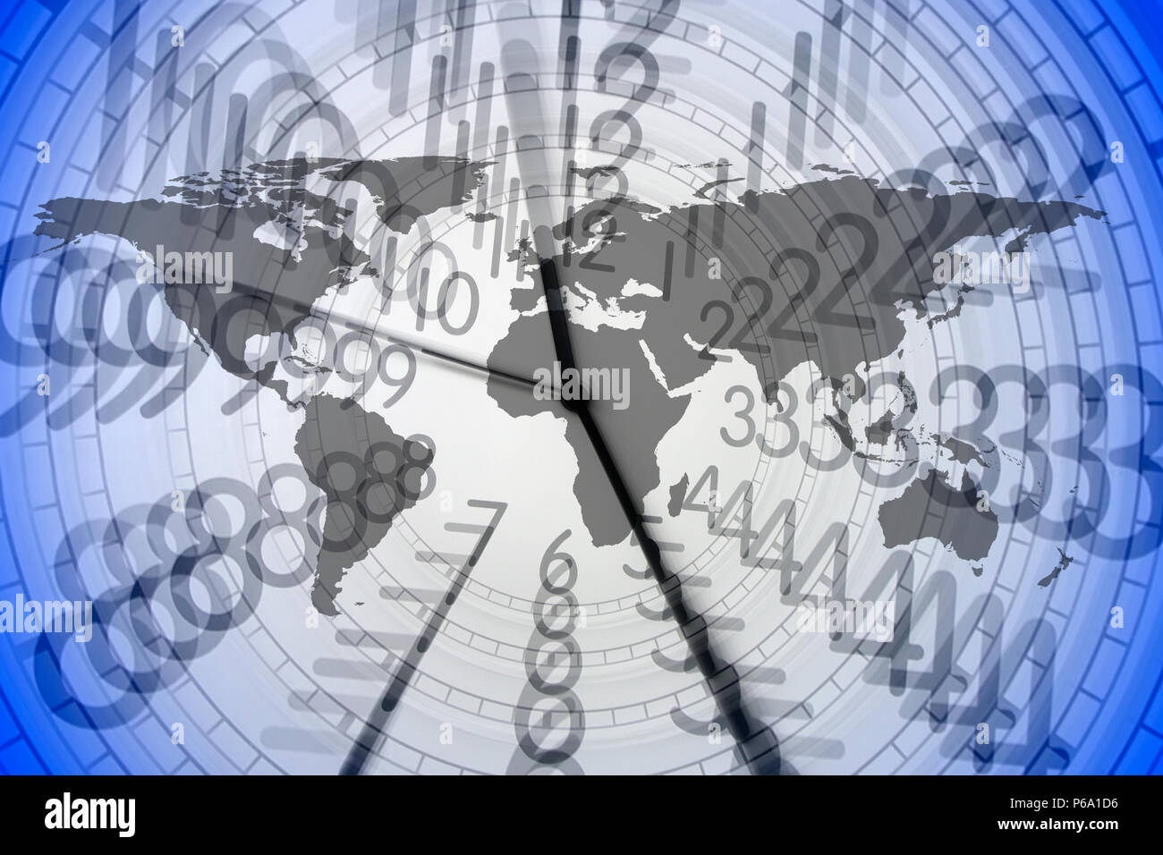 Nahaufnahme der Weltkarte in einer Uhr Stockfoto