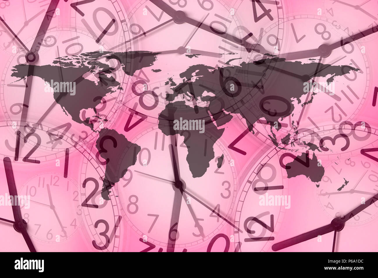 Nahaufnahme der Weltkarte in einer Uhr Stockfoto