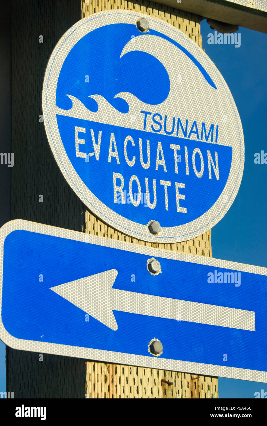 Tsunami Evacuation Route Zeichen, Pacific City, Oregon Stockfoto