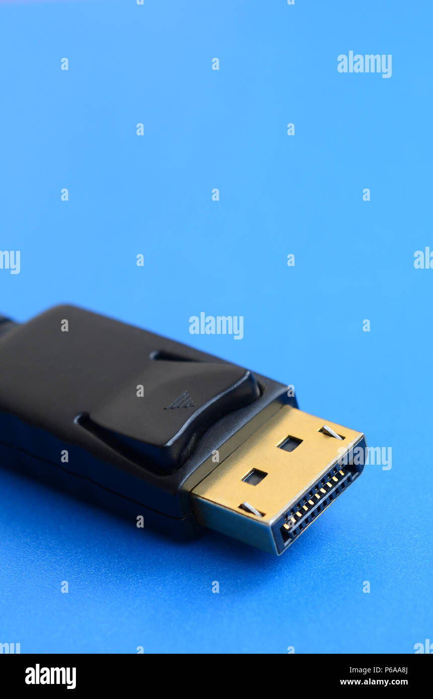20-pin Stecker DisplayPort Steckverbinder, vergoldet für eine einwandfreie Verbindung auf einem blauen Hintergrund. Stockfoto