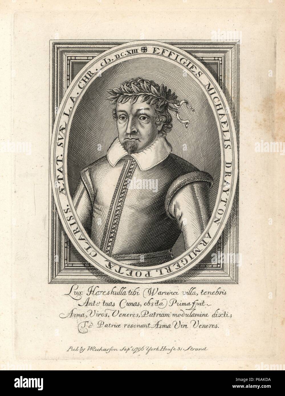 Michael Drayton, Dichter, starb 1631, im Alter von 68. Von W. Loch von einem Porträt seine "Werke vorangestellt, graviert, 'Folio, 1619. Kupferstich von Richardson's 'Porträts illustrieren Grangers biographische Geschichte Englands", London, 1792 - 1812. Von William Richardson, printseller, London, veröffentlicht. James Granger (1723-1776) war ein englischer Pfarrer, Biograf und Drucken Sammler. Stockfoto