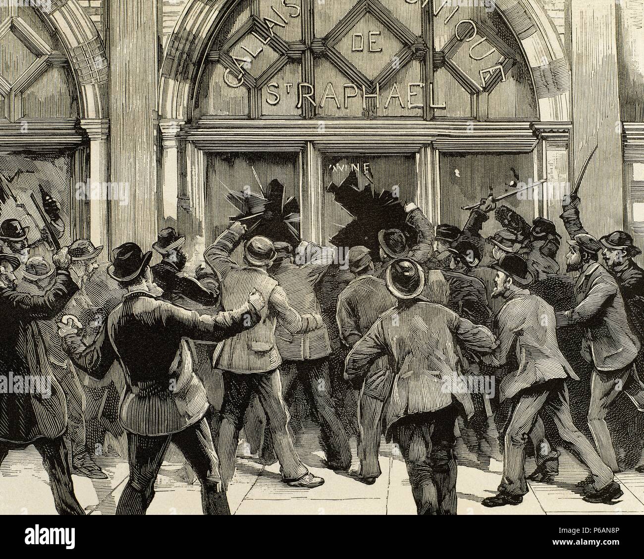 Großbritannien. London. Sozialistische agitation. Die Demonstranten ermutigt, Diebstahl und Plünderung in Geschäften Picadilly während des Treffens der sozialistischen Führer brennt auf dem Trafalgar Square. Februar 8, 1886. Gravur. Stockfoto