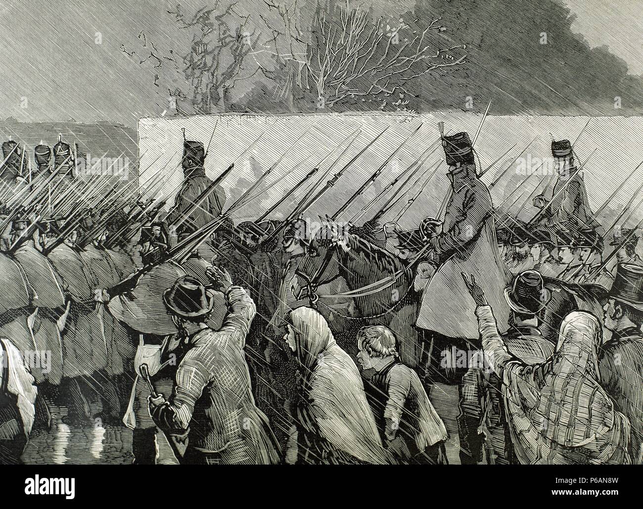 Irland. Agrarische agitation. Ulster den Bauern von Soldaten begleitet zu gehen, um auf der Farm von Captain Charles Boykott zu Arbeiten (1832-1897). Ballinrobe, 1880. Gravur. Stockfoto