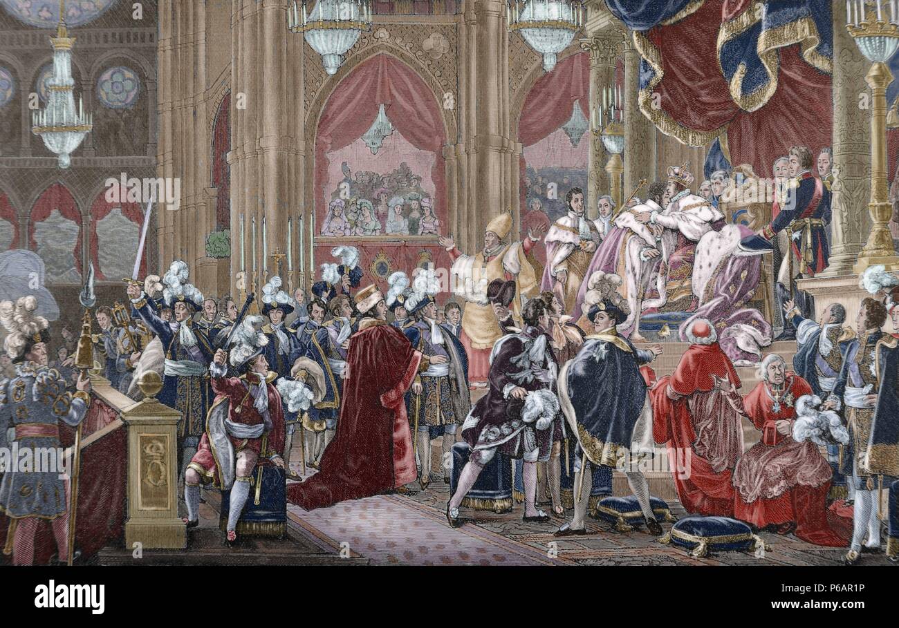 Charles X (1757-1836). Der König von Frankreich und Navarra. Weihe von Charles X von Frankreich in der Kathedrale von Reims, am 29. Mai 1825. Kupferstich von kaeseberg. Geschichte von Frankreich, 1881. Gefärbt. Stockfoto