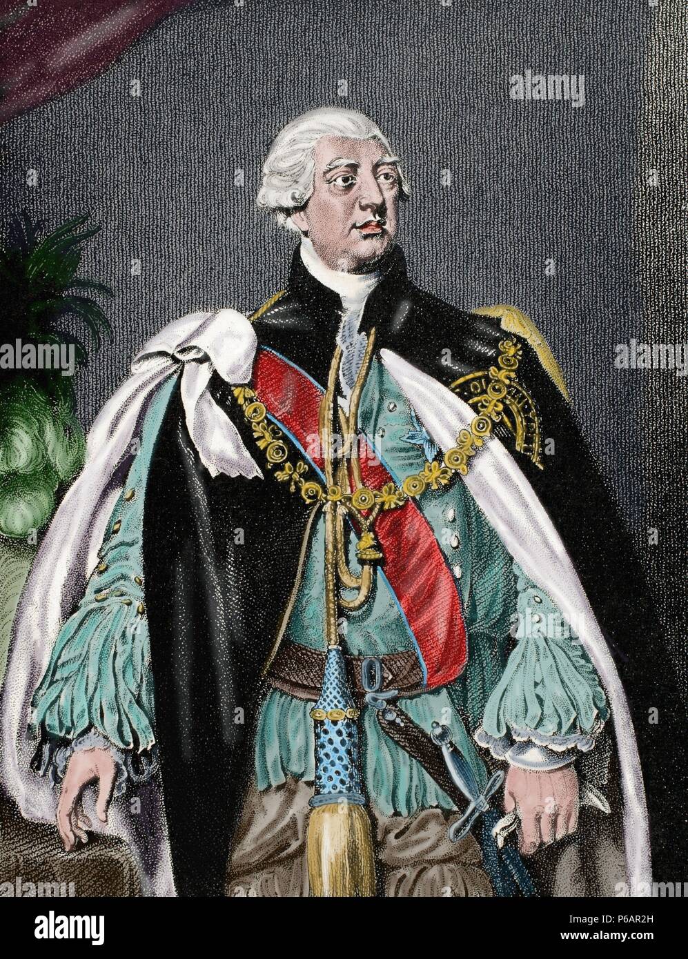 George III (1738-1820). König von Großbritannien und Irland später König des Vereinigten Königreichs und von Hannover. Gravur. Farbige. Stockfoto