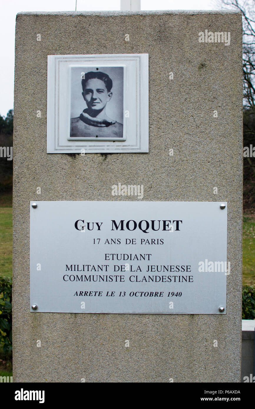 Frankreich, Chateaubriant, la Carriere, Stele von Guy Moquet, Erschossen von den Deutschen am 22. Oktober 1941 mit 26 anderen Mitgliedern des Widerstands Stockfoto