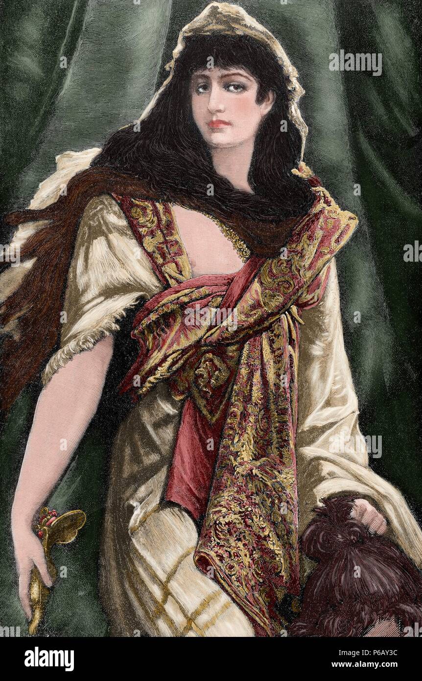 Alten Testament. Judith mit dem Kopf des Holofernes. Gravur in der iberischen Abbildung, 1888. Farbige. Stockfoto