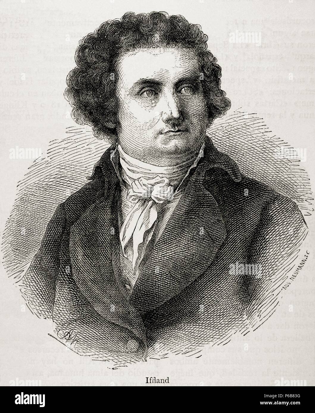 August Wilhelm Iffland (1759-1814). Deutscher Schauspieler und Dramatiker. Gravur in unserem Jahrhundert, 1883. Stockfoto