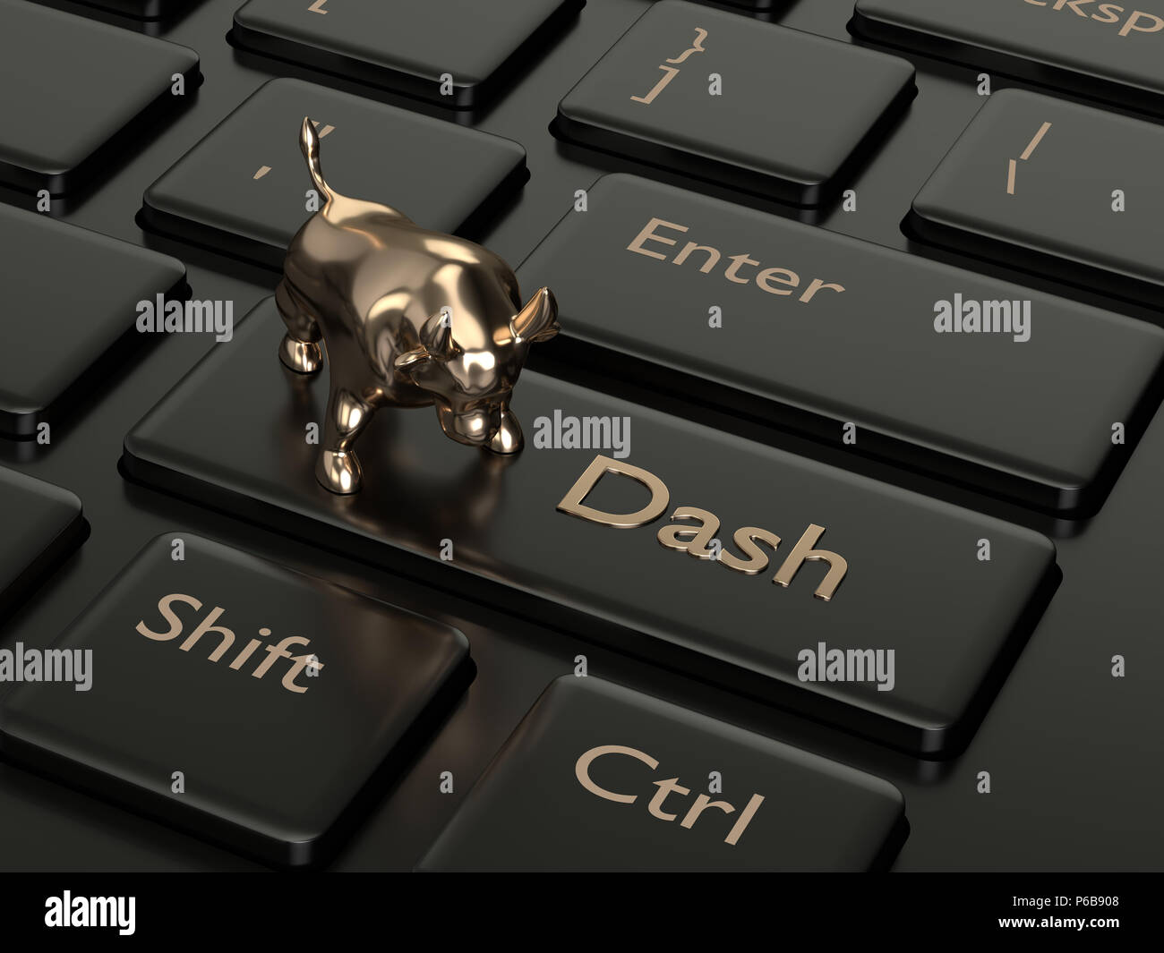 3D-Render von Computer Tastatur mit Bindestrich, und Bull. Cryptocurrencies Konzept. Stockfoto