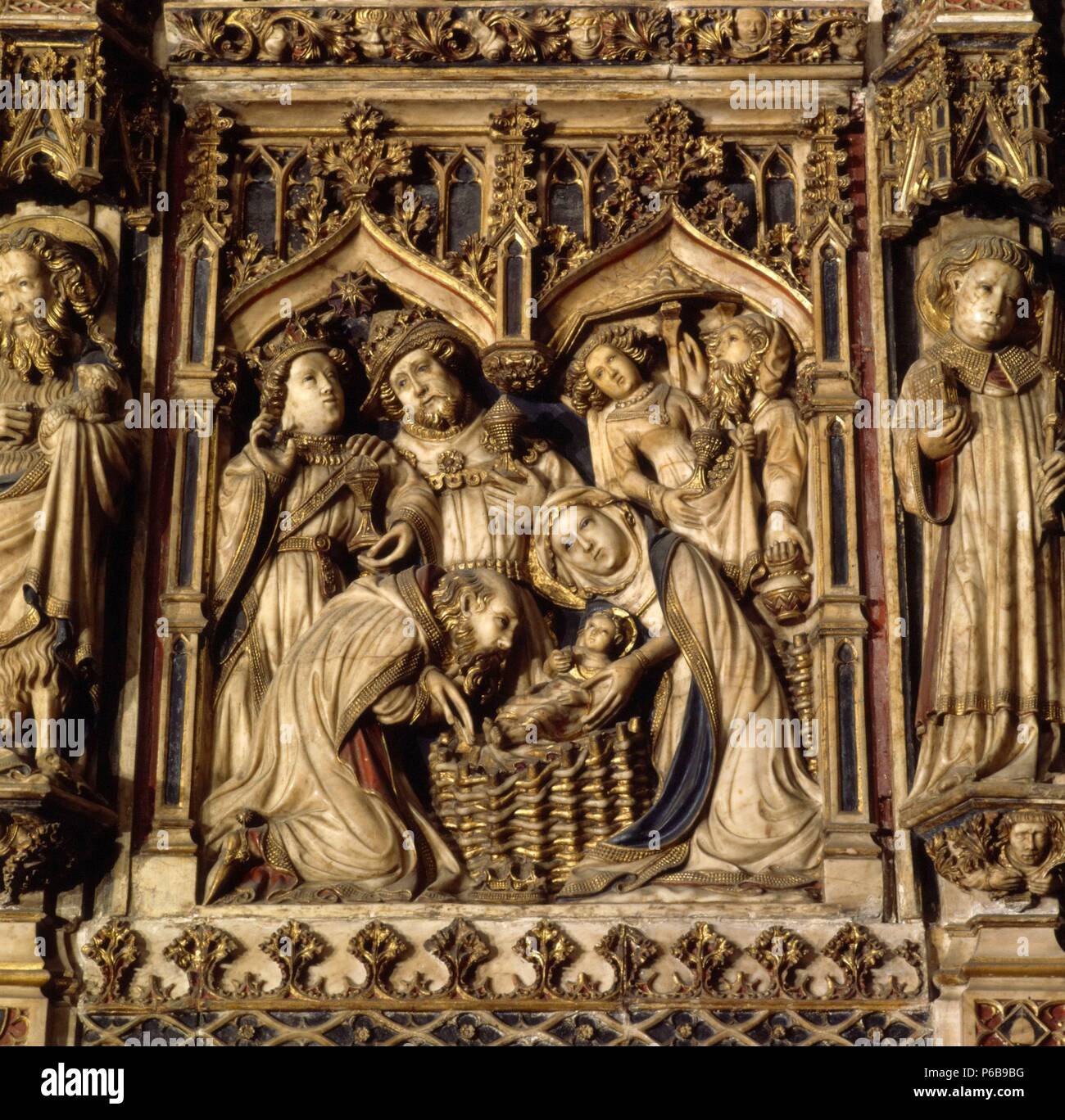 Altarbild, Vic Kathedrale. "Die Anbetung der Könige" (Detail) von Pere Oller, aus dem 15. Jahrhundert. Museum: CATEDRAL DE VIC. Stockfoto