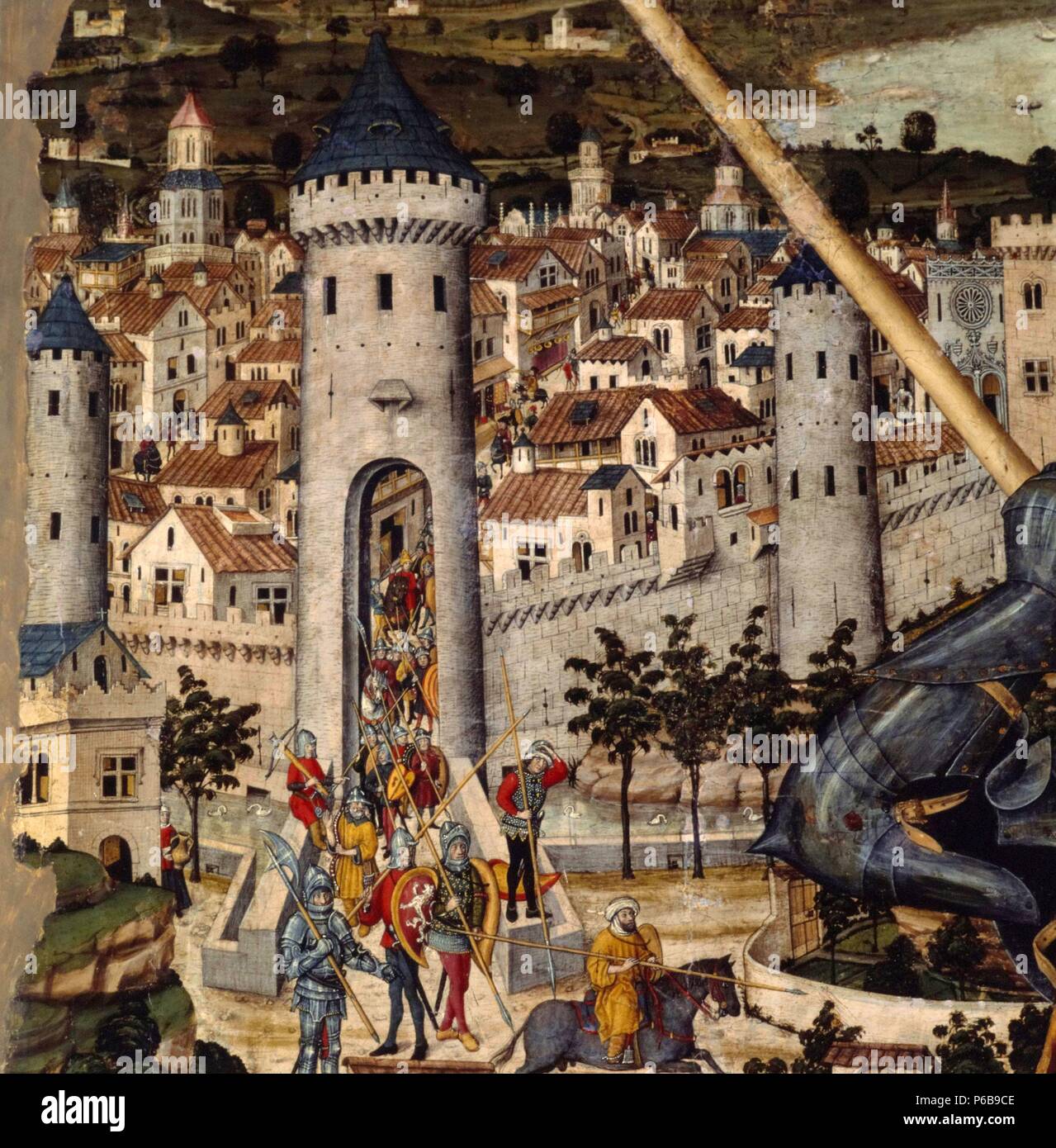 Saint George Slaying Dragon von Pedro Nisart, 1468, Öl auf Holz, 2,84 x 1,87 cm. Museum: Museo Diocesano, Palma de Mallorca. Stockfoto