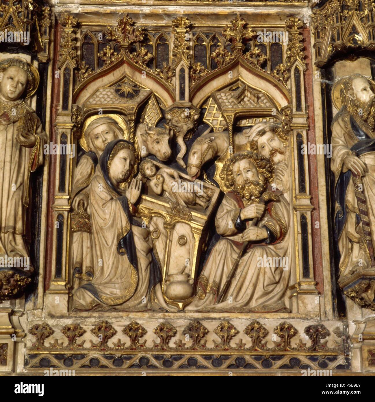 Altarbild, Vic Kathedrale. "Die Verkündigung" (Detail) von Pere Oller, aus dem 15. Jahrhundert. Museum: CATEDRAL DE VIC. Stockfoto