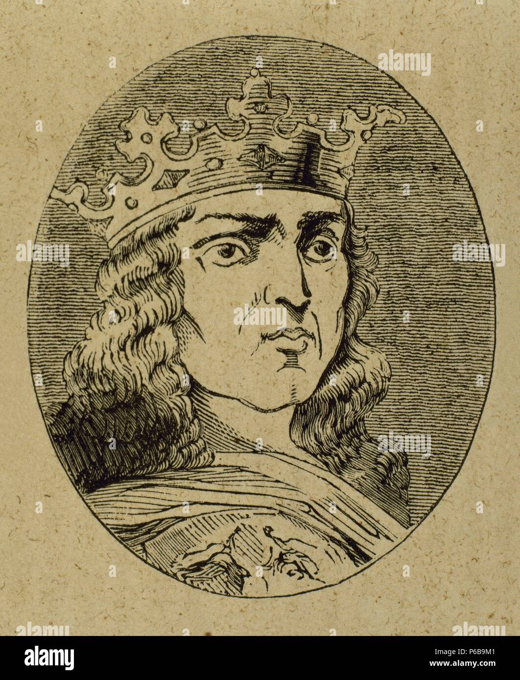Ferdinand IV. von Kastilien "El Emplazado" beschworen (1285-1312). König von Kastilien (1295-1312) und Leon und Galizien 1301-1312. Gravur. Stockfoto