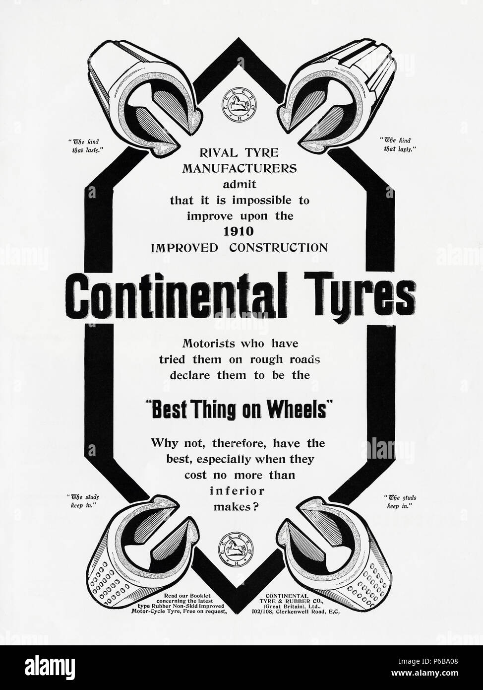 Im frühen 20. Jahrhundert alten Vintage original antike Werbung Werbung  Continental Reifen in Englisch Magazin um 1910 Stockfotografie - Alamy