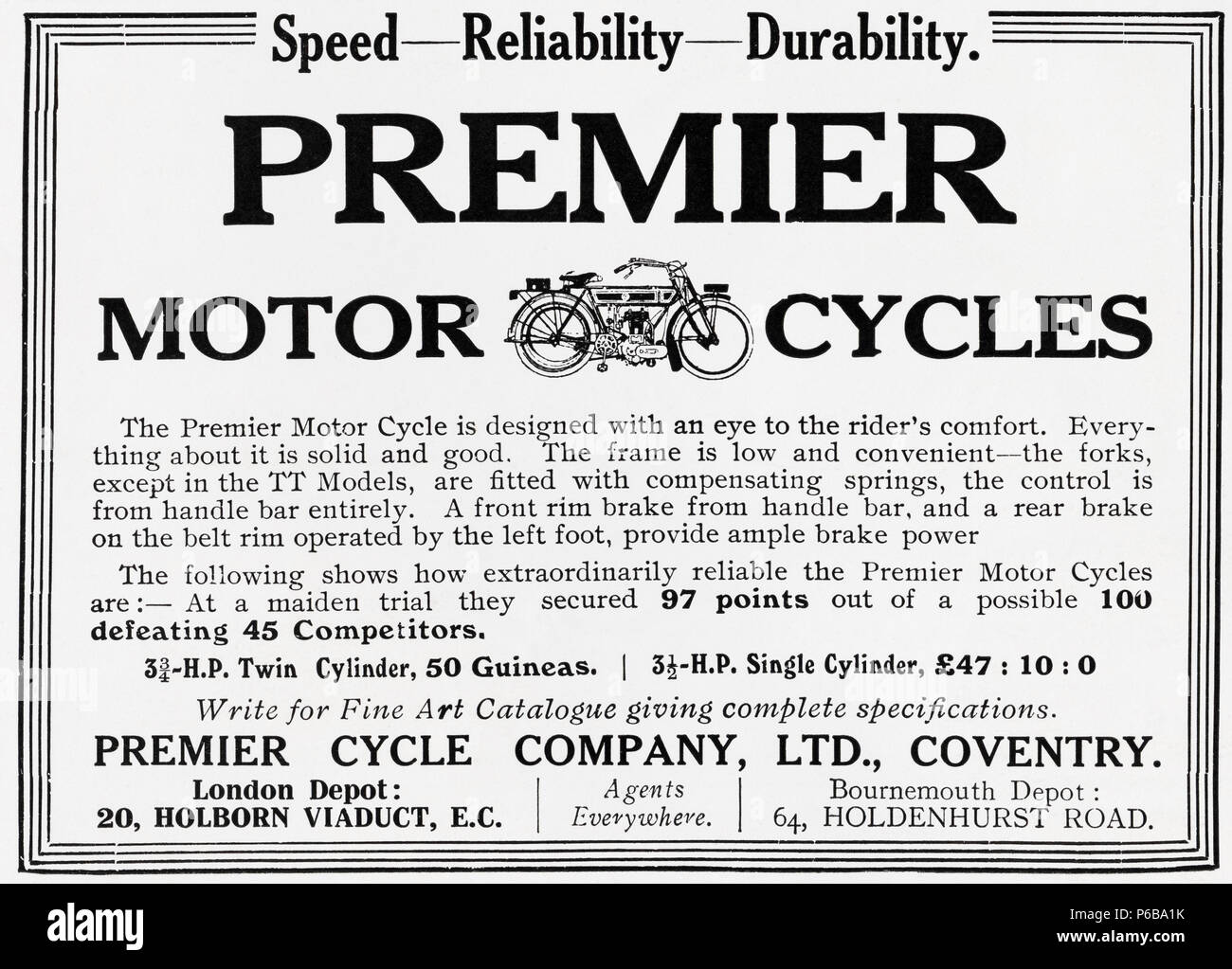 Im frühen 20. Jahrhundert alten Vintage original antike Werbung Werbung Premier Motor Cycle Company Ltd, Coventry, England Großbritannien im englischen Magazin um 1910 Stockfoto