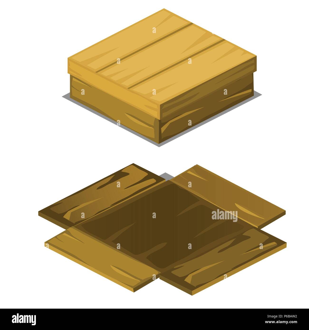 Holzkiste auseinander fiel auf den Brettern auf weißem Hintergrund. Vektor cartoon Close-up Abbildung. Stock Vektor