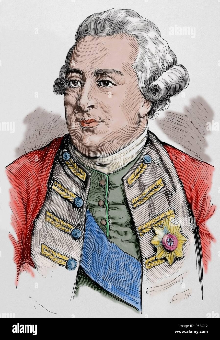 George III (1738-1820). König von Großbritannien und Irland, später König des Vereinigten Königreichs und von Hannover. Farbige Gravur "nuestro Siglo", 1883. Stockfoto