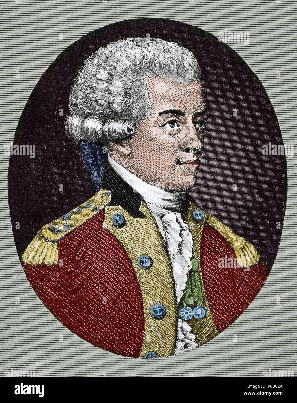 John Paul Jones (1747-1792). Schottische Seemann und die Usa erste Gut naval Fighter in der Amerikanischen Revolution bekannt. Gravur. Gefärbt. Stockfoto