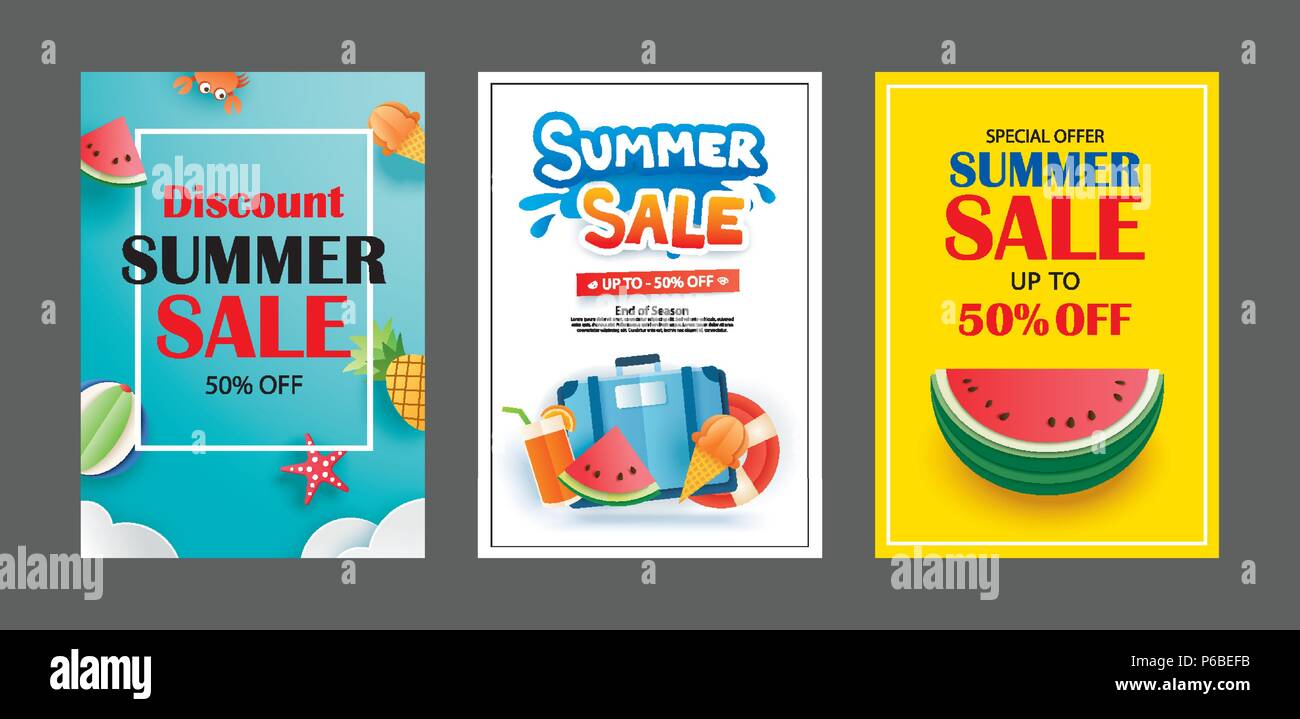 Summer Sale banner Vorlagen. Papier Kunst und Handwerk Stil. Vektorgrafiken für E-Mail, Newsletter, Website, mobile Werbung, Rabatten, Gutscheinen, Poster. Stock Vektor