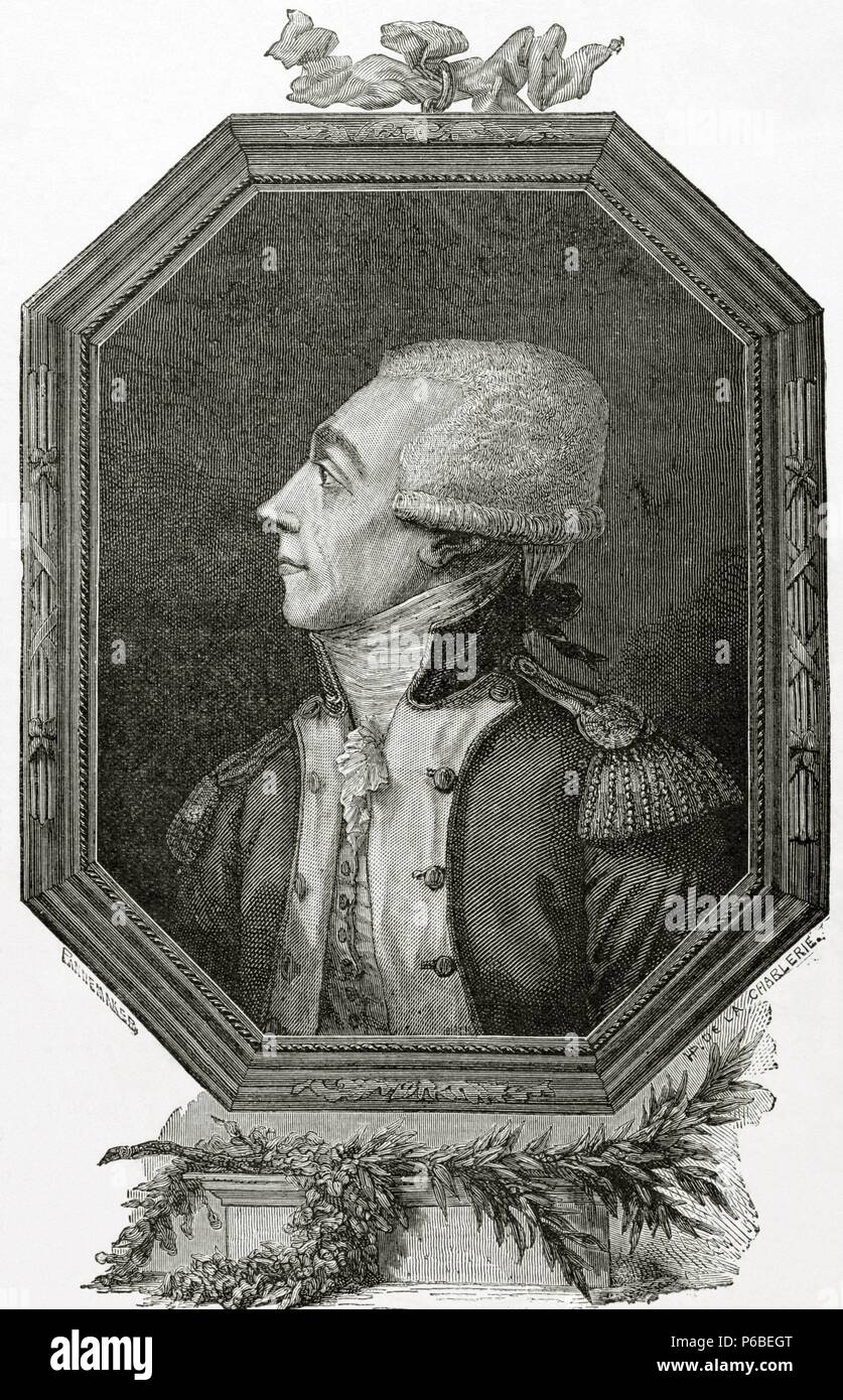 Marquis de La Fayette (1757-1834). Französischer Militär und Politiker. Kupferstich von Pannemaker. Unseres Jahrhunderts, 1883. Stockfoto