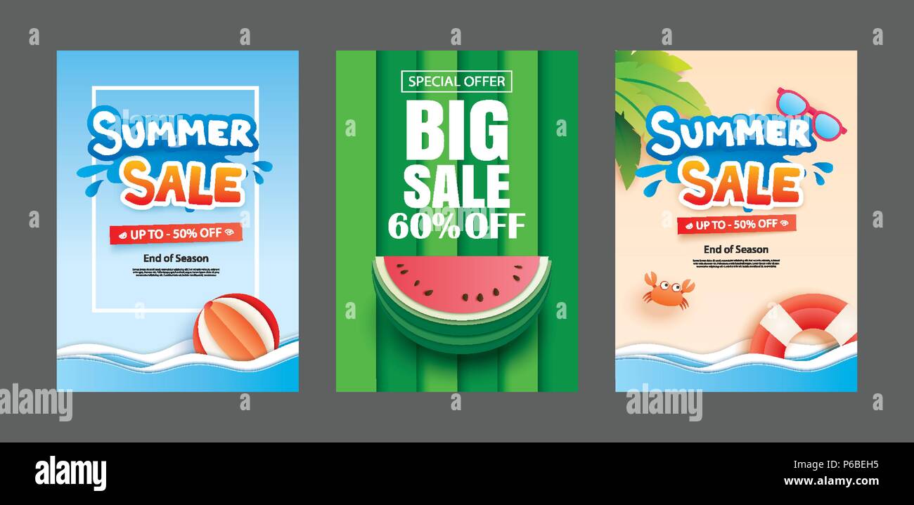 Summer Sale banner Vorlagen. Papier Kunst und Handwerk Stil. Vektorgrafiken für E-Mail, Newsletter, Website, mobile Werbung, Rabatten, Gutscheinen, Poster. Stock Vektor