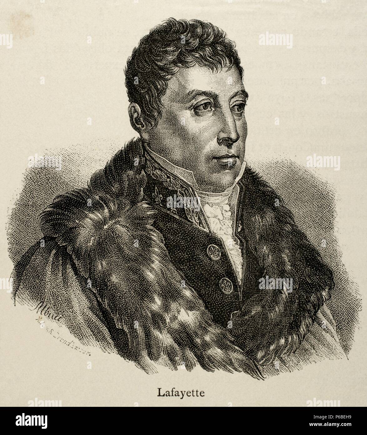 Marquis de La Fayette (1757-1834). Französischer Militär und Politiker. Gravur. Geschichte von Frankreich, 1883. Stockfoto