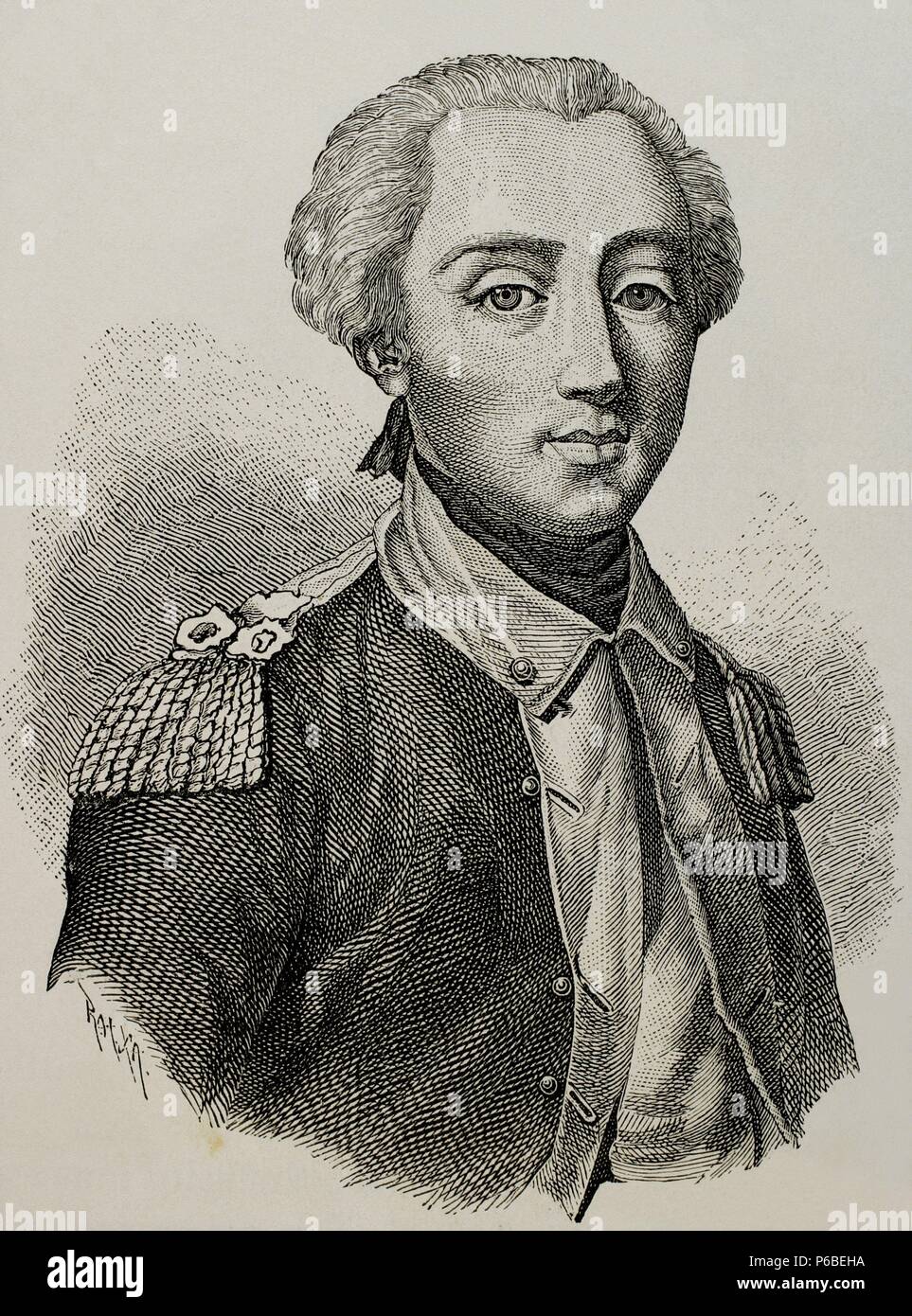 Marquis de La Fayette (1757-1834). Französischer Militär und Politiker. Gravur. Die Universalgeschichte, 1881. Stockfoto