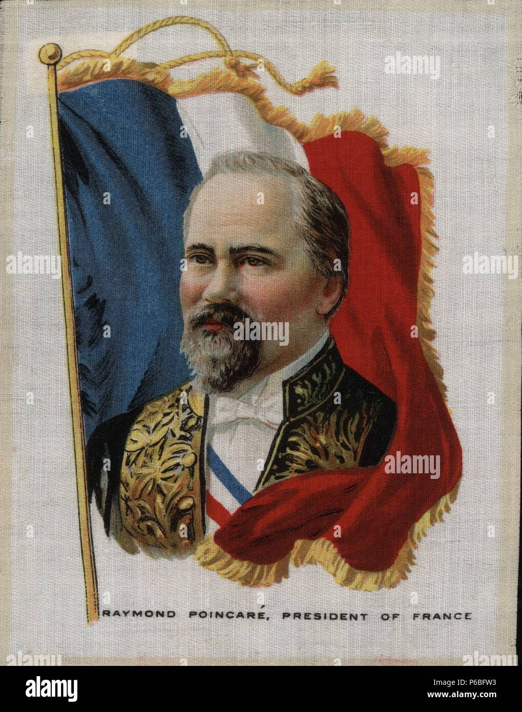 Raymond Poincaré (1860-1934), Presidente de la República de Francia. Retrato y Bandera impresos sobre Tela. Años 1920. Stockfoto