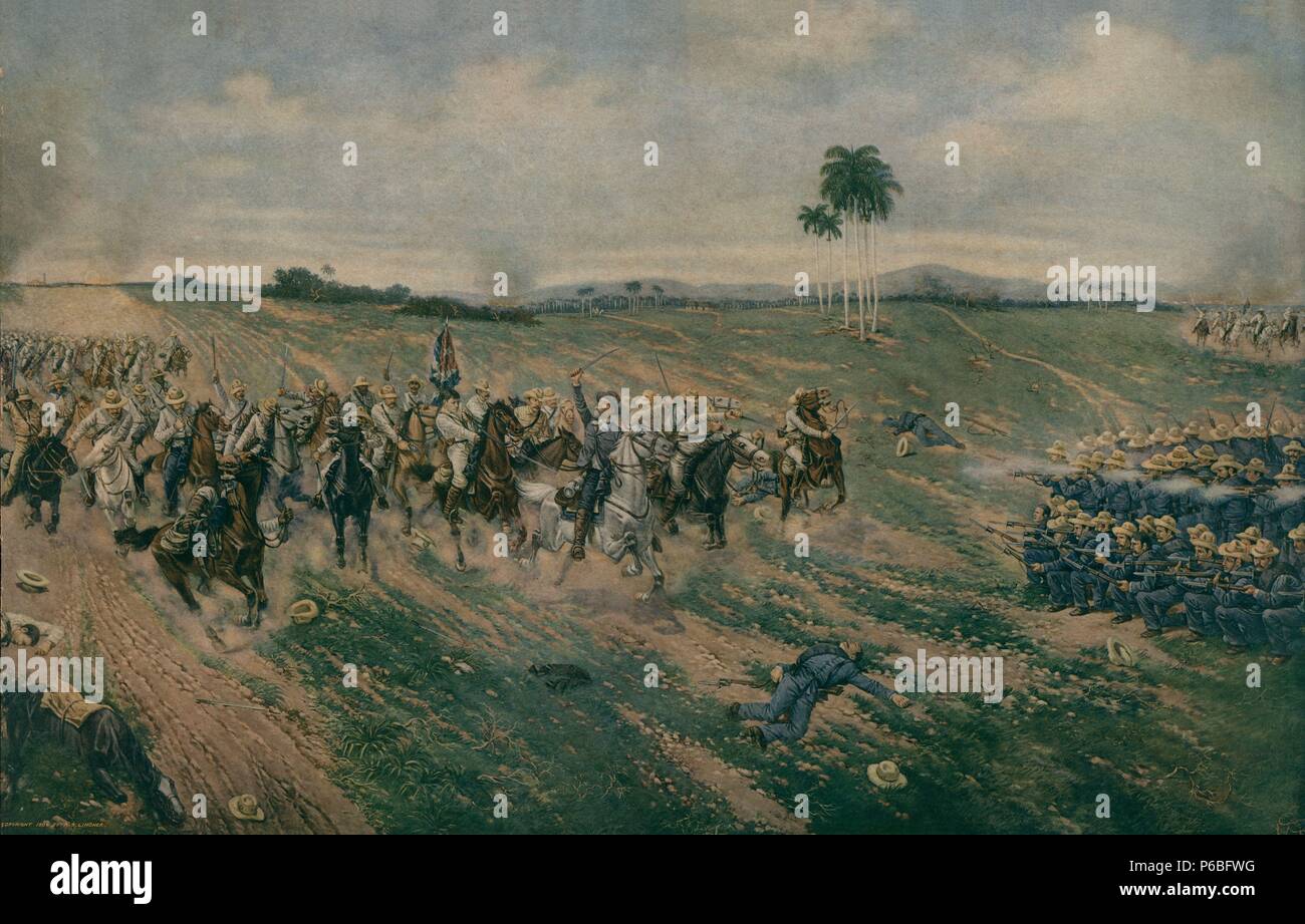 Kuba. Guerra de la Independencia. Batalla del Mal Tiempo, del 15 de November de 1895. Carga del Ejército cubano liderados por el general en Jefe Máximo Gómez y lugarteniente General Antonio Maceo Contra el Ejército Español. Grabado de 1905. Stockfoto