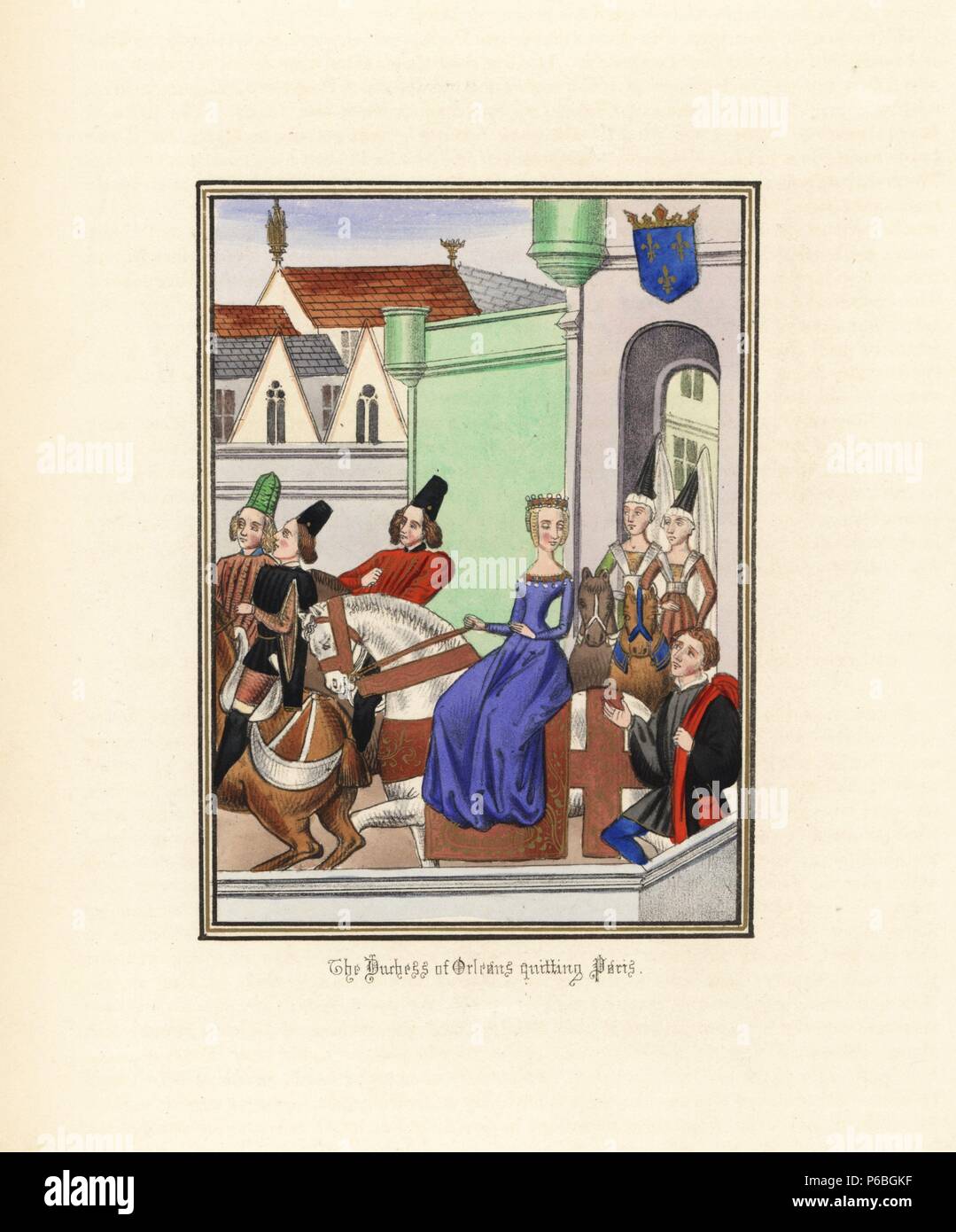 Valentina Visconti, Herzogin von Orléans (1368-1408), Paris beenden nach Gerüchten, die sie für Geisteskrankheit König Karls VI., c 1390 verantwortlich war. Papierkörbe Lithografie nach einem beleuchteten Manuskript von Sir John's Froissart 'Chroniken von England, Frankreich, Spanien und den angrenzenden Ländern, von der zweiten Hälfte der Regierungszeit von Edward II. an der Krönung von Heinrich IV., 'George Routledge, London, 1868. Stockfoto