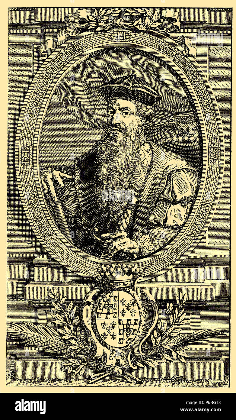 Albuquerque, Afonso de (1453-1515), auch Afonso der Große, war ein portugiesischer Militär, Politiker und Seefahrer sowie zweiter Gouverneur von Portugiesisch Indien aufgerufen, der Gründer des Portugiesischen macht in Indien. Nach einem Kupferstich, 1881 Stockfoto