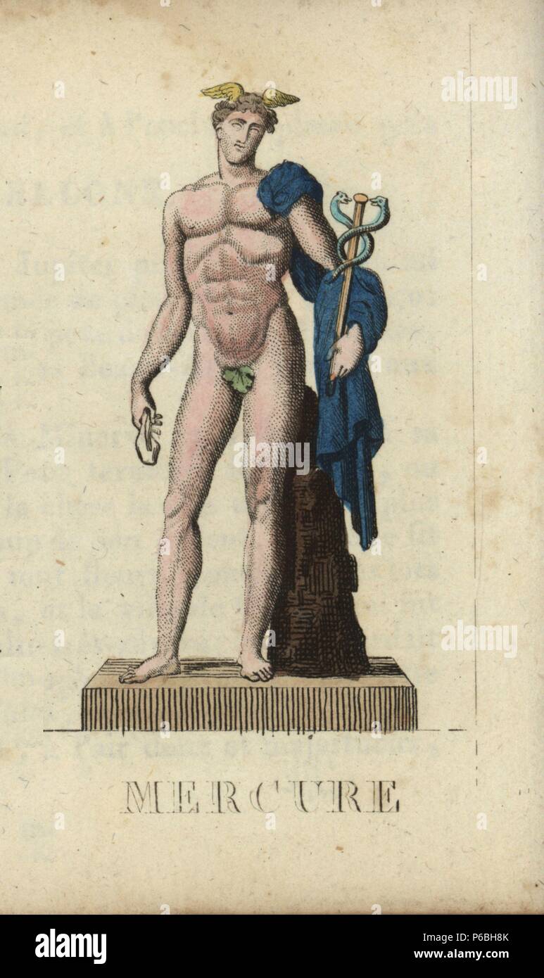 Quecksilber, römische Bote der Götter, mit geflügelten Helm, figleaf, Holding a Caduceus (Stab mit zwei verschlungenen Schlangen). Papierkörbe Kupferstich gestochen von Jacques Louis Konstante Lacerf nach Illustrationen von Leonard Defraine aus 'La Mythologie en Estampes' (Mythologie in druckt oder die Zahlen der sagenumwobenen Götter), Chez S. Blanchard, Paris, c 1820. Stockfoto