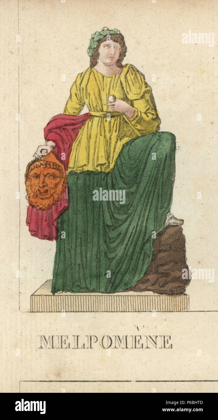 Melpomene, griechische Muse der Tragödie, mit Kranz, Club und tragischen Maske. Papierkörbe Kupferstich gestochen von Jacques Louis Konstante Lacerf nach Illustrationen von Leonard Defraine aus 'La Mythologie en Estampes' (Mythologie in druckt oder die Zahlen der sagenumwobenen Götter), Chez S. Blanchard, Paris, c 1820. Stockfoto