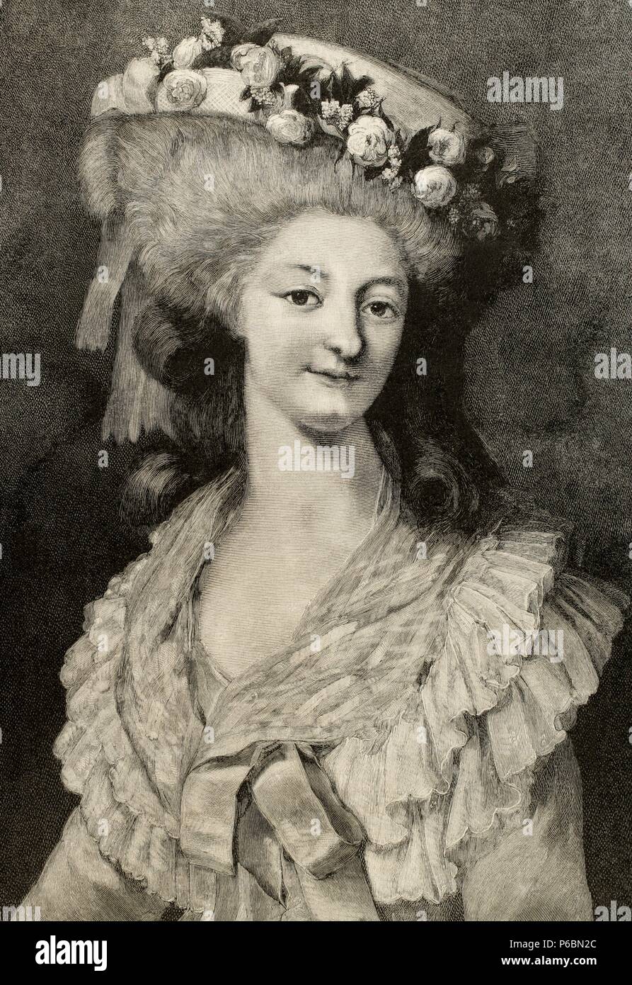 Prinzessin Marie Louise von Savoyen (1749-1792). Vertraute der Königin Marie Antoinette. Sie starben in der Massaker von September 1792 (französische Revolution). Kupferstich von CH. Baude "La Ilustracion Espanola y Americana", 1889. Stockfoto