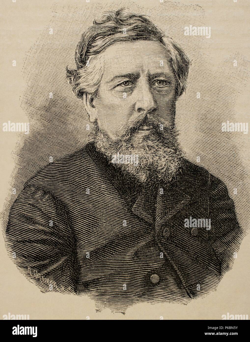 Wilhelm Liebknecht (1826-1900). Deutsche Sozialdemokrat und einer der wichtigsten Gründer der SPD. Kupferstich von 'Geschichte', 1885. Stockfoto
