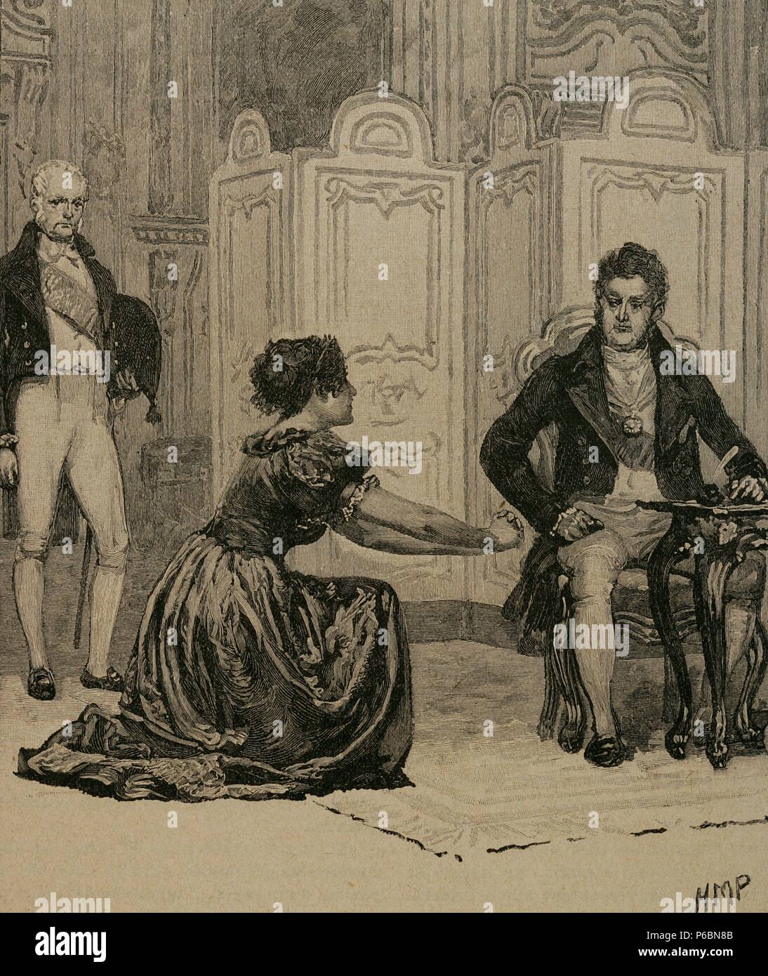 Antoine Marie Chamans, comte de Lavalette (1769-1830). Französische Politiker und General. Madame de Lavalette und bittet um Gnade für ihren Mann. Gravur. Stockfoto