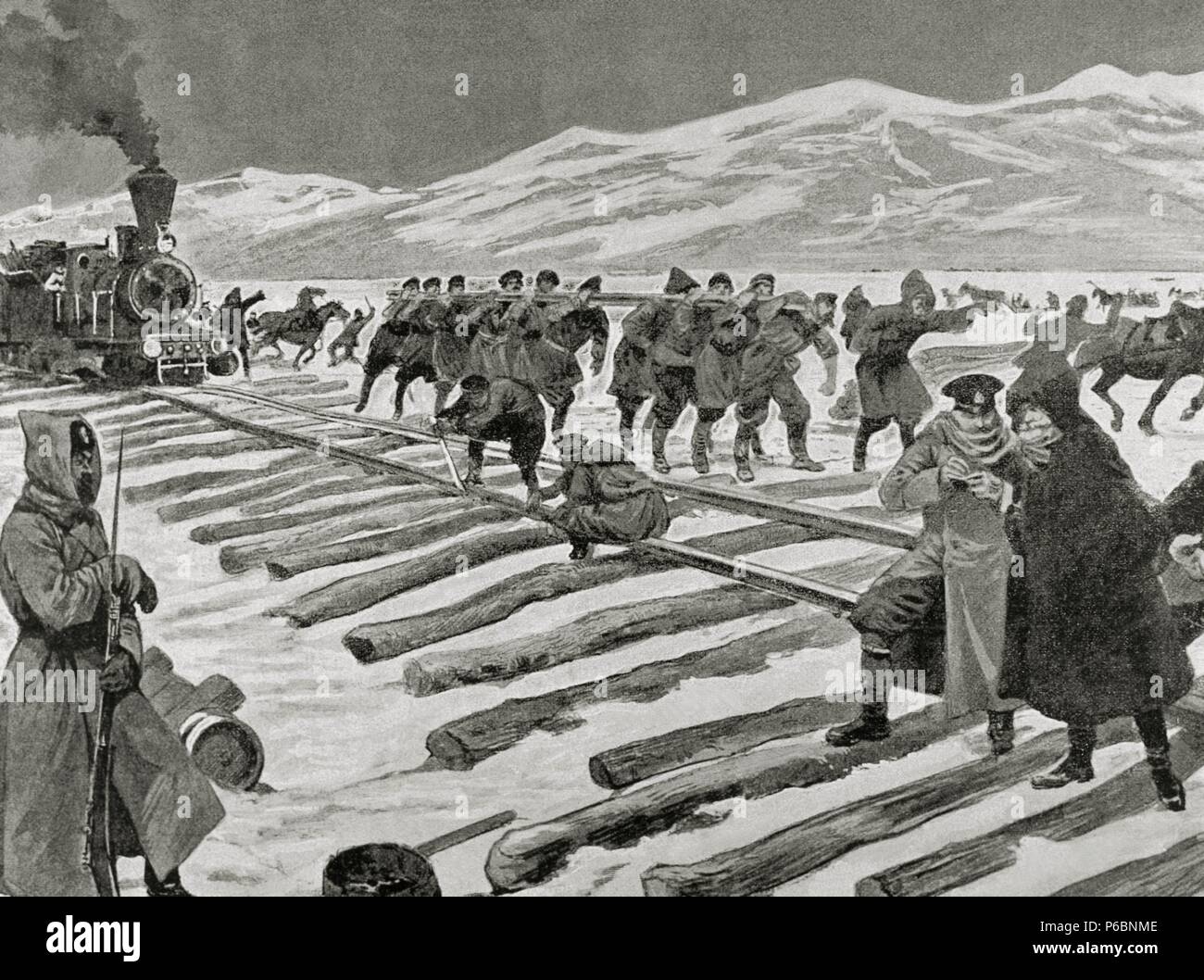 Russo-japanischer Krieg (1904-1905). Bau einer Eisenbahn über das Eis am Baikalsee. Gravur. Stockfoto