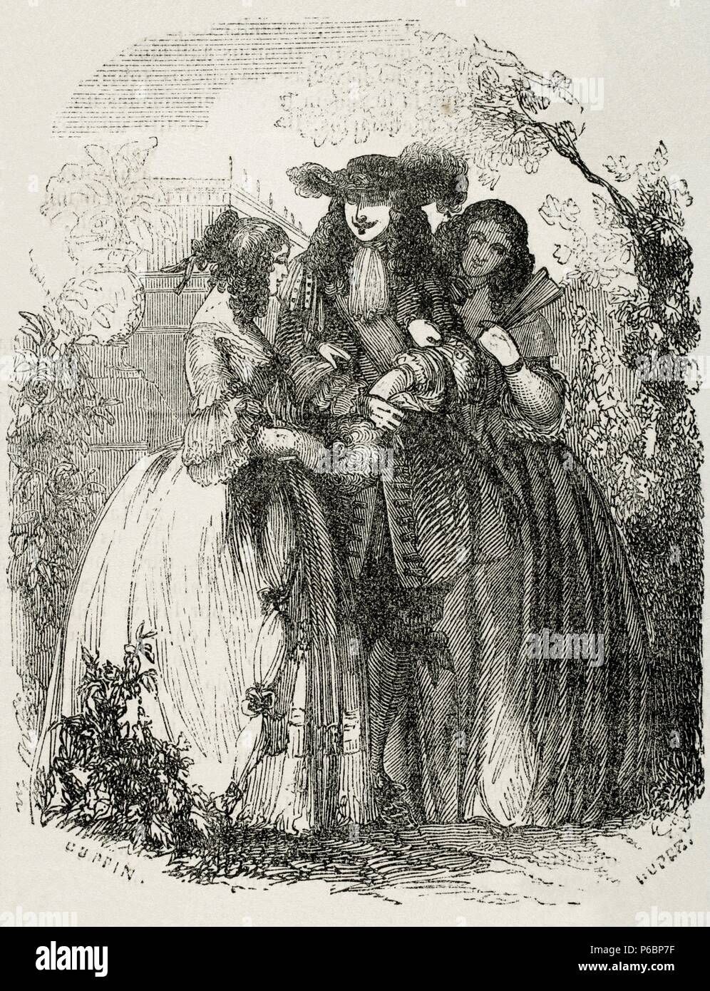 Ludwig XIV. (1638-1715). König von Frankreich. Der junge König, ein Spaziergang mit den Mancini Schwestern, Nichten von Kardinal Mazarin. Gravur. Stockfoto