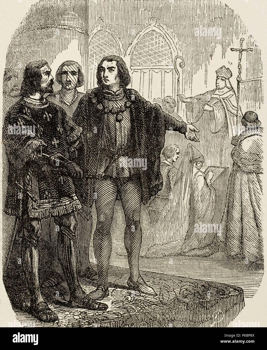Louis XI (1423-1483). König von Frankreich. Die Ehe von Ludwig XI. von seiner ersten Frau, Margarete von Schottland (1424-1445). Gravur. Stockfoto
