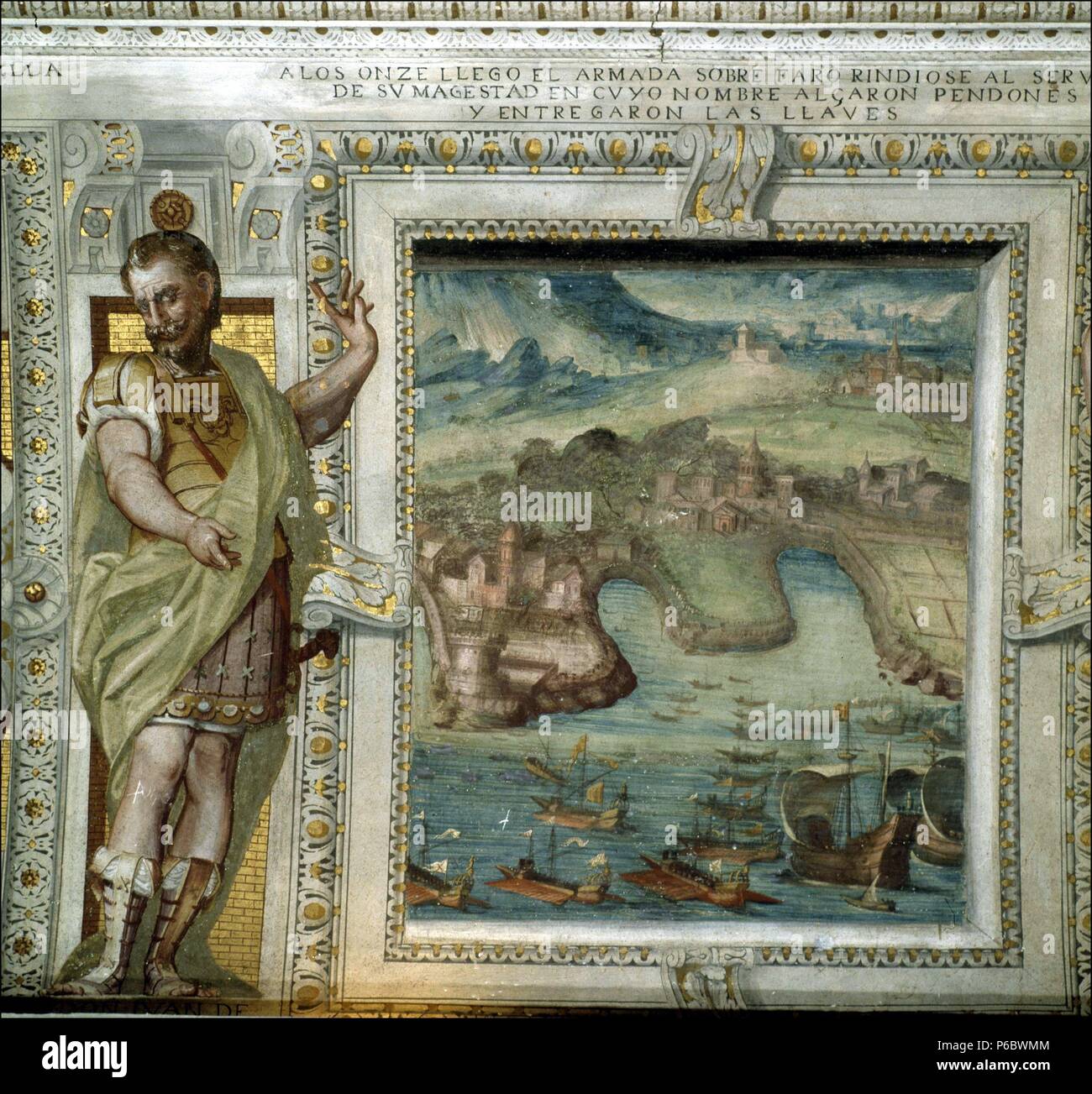 FELIPE II. REY DE ESPAÑA. 1527 - 1598. CAMPAÑA MARITIMA SOBRE PORTUGAL, AÑO 1580. 'TOMA DE FARO, POR ALVARO DE BAZAN. Fresken EN LA SALA DE PORTUGAL EN EL PALACIO DE SANTA CRUZ VISO DEL MARQUES. Stockfoto