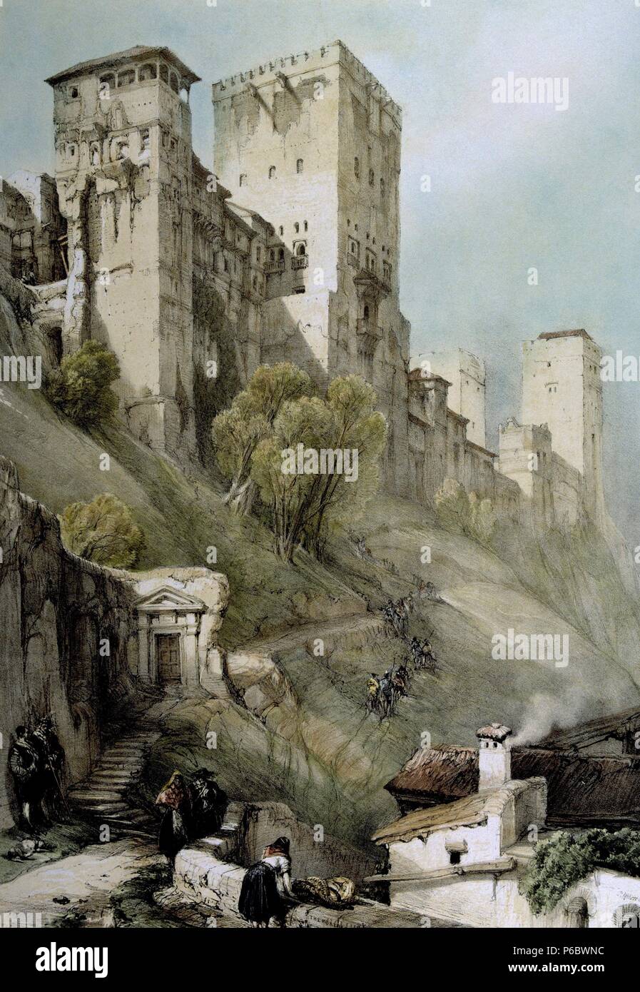 GRANADA. LA ALHAMBRA. LA FORTALEZA DE LA ALHAMBRA. DIBUJO DE DAVID ROBERTS. LONDRES 1837. Stockfoto