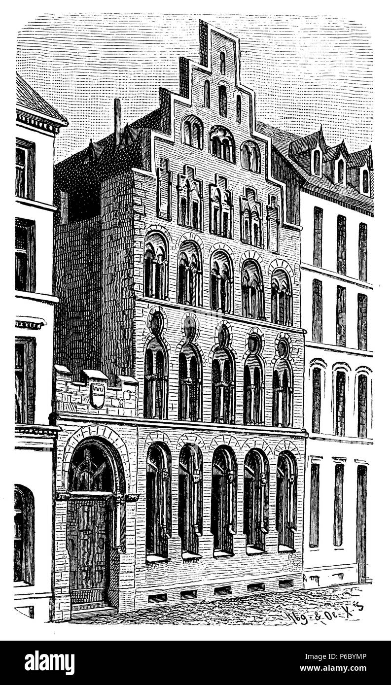 Overstolzenhaus (Temple House) in Köln, die älteste erhaltene Patrizierhaus in Deutschland, Rheingasse 8, Altstadt-Süd, in Köln. Um 1230 durch Blithildis Overstolz gebaut. Hauptsitz der Oberstolz Familie, Kbg U. Oe 1899 Stockfoto