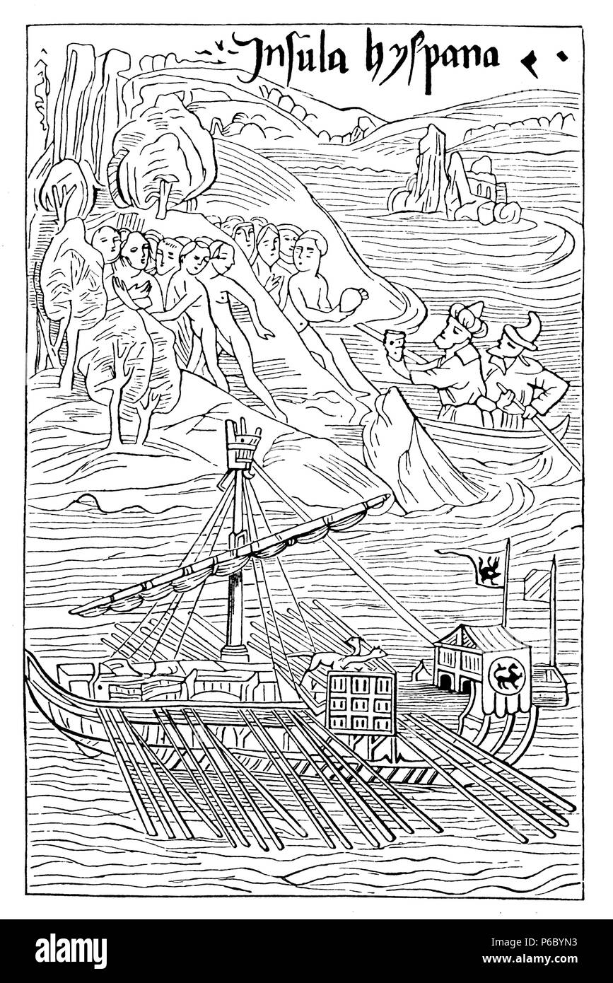 Christoph Kolumbus landet auf der Insel Guanahani. Nach einem angeblich Zeitgenössische spanische Vertretung, 1902 Stockfoto