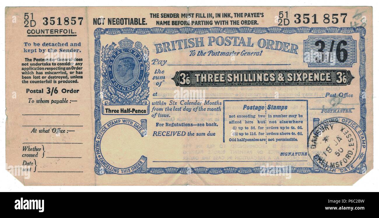 British Postal Order, Großbritannien 1950 Stockfoto