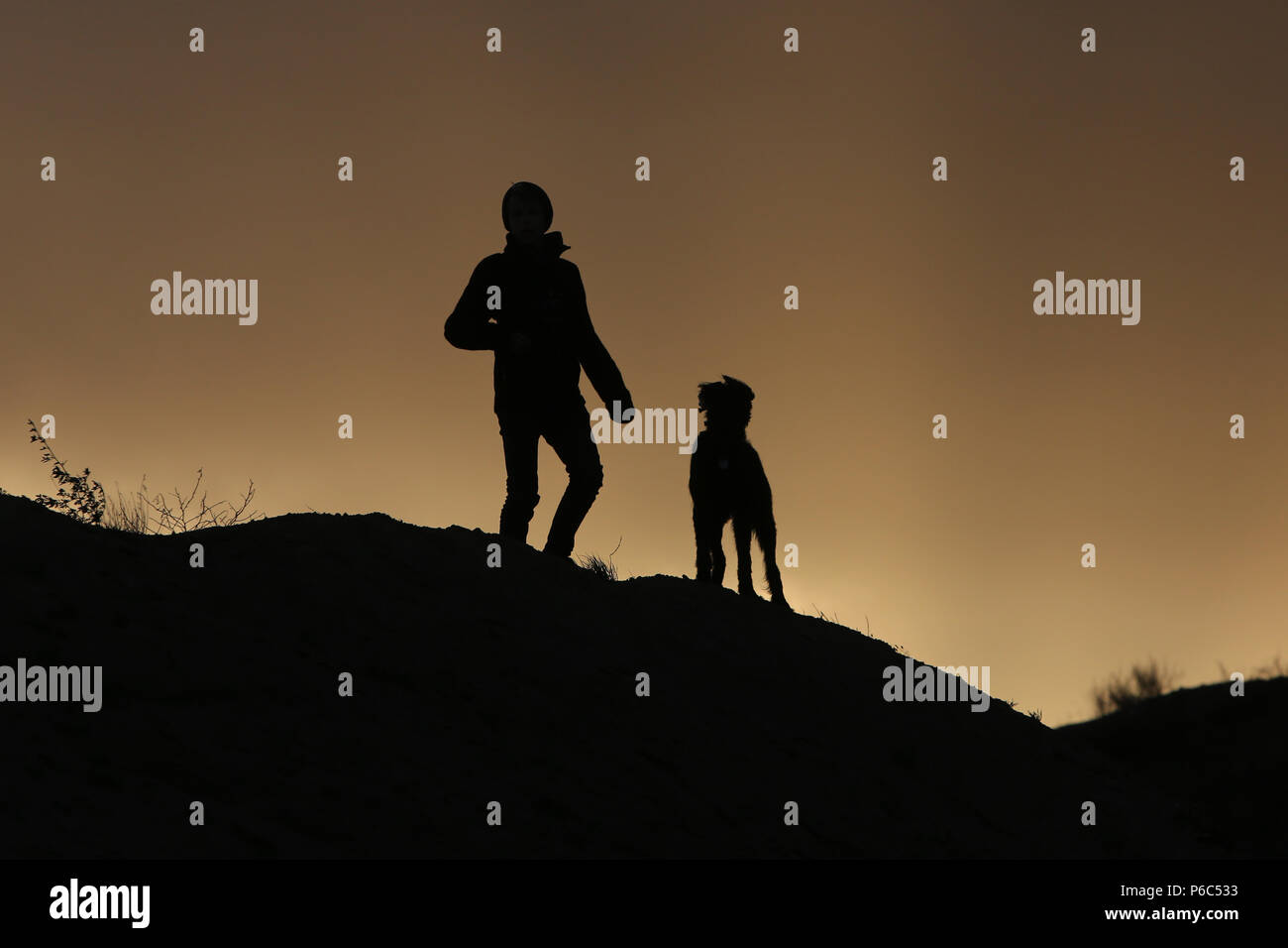Wustrow, Deutschland - Silhouette, Boy steht mit seinem Hund auf einer Düne Am Abend Stockfoto