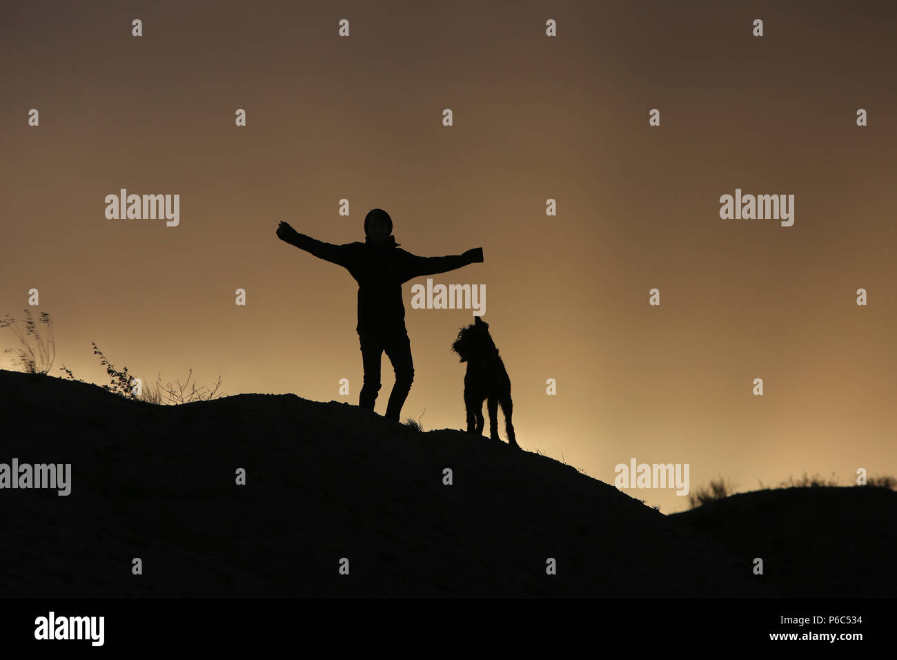 Wustrow, Deutschland - Silhouette, Boy steht mit seinem Hund auf einer Düne Am Abend Stockfoto